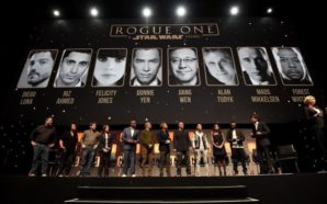 LONDON, ENGLAND - JULY 15: (L-R) John Knoll, Kiri Hart, Gareth Edwards, Kathleen Kennedy, Forest Whitaker, Mads Mikkelsen, Alan Tudyk, Wen Jiang, Donnie Yen, Felicity Jones, Riz Ahmed, Diego Luna and Gwendoline Christie on stage during the Rogue One Panel at the Star Wars Celebration 2016 at ExCel on July 15, 2016 in London, England. (Photo by Ben A. Pruchnie/Getty Images for Walt Disney Studios) *** Local Caption *** John Knoll; Kiri Hart; Gareth Edwards; Kathleen Kennedy; Forest Whitaker; Mads Mikkelsen; Alan Tudyk; Wen Jiang; Donnie Yen; Felicity Jones; Riz Ahmed; Diego Luna; Gwendoline Christie