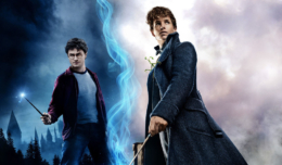 Links Harry Potter stehend mit erhobenem Zauberstab in der Hand mit einem Zauberspruchlicht getrennt von rechts Newt Scamander stehend