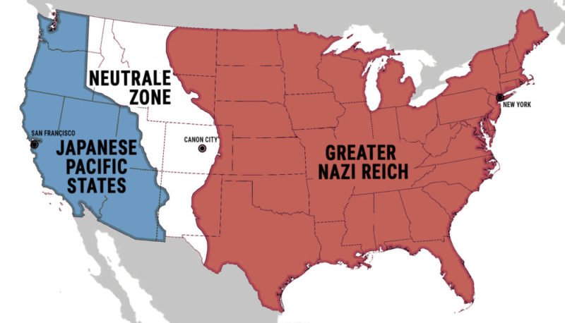 Eine Karte der besetzten USA zeigt das Herschaftsgebiet des Greater nazi Reich von Ostküste bis Rocky Mountains und das der Japanese Pacific States an der Westküste. Der Streifen dazwischen ist die Neutrale Zone