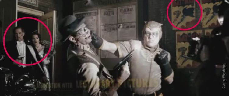 Im Vordergrund verprügelt Nite Owl einen Verbrecher und im Hintergrund stürmt das Ehepaar Wayne aus dem Gotham Opera House
