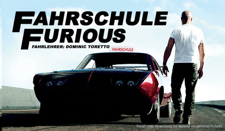 Dominic Toretto geht zu seinem Chevrolet Dodge, der ein Fahrschulschild auf dem Autodach hat