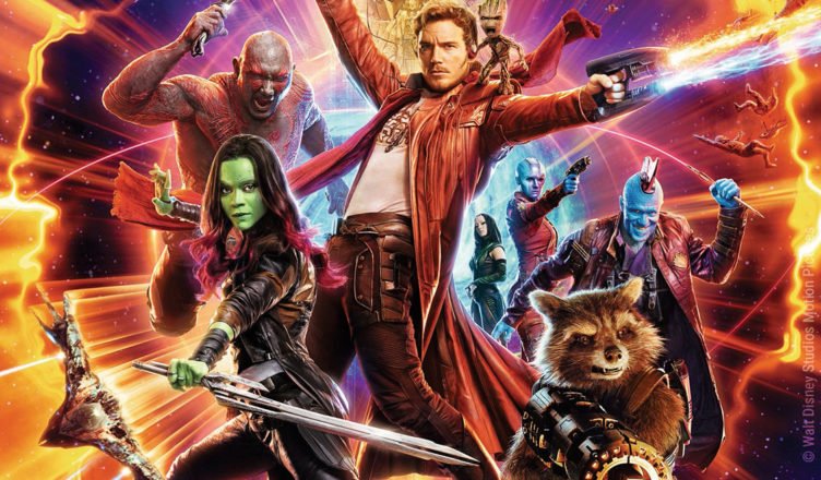 Das Team der Guardians kämpft sich auf dem Filmplakat durch ein buntes Universum