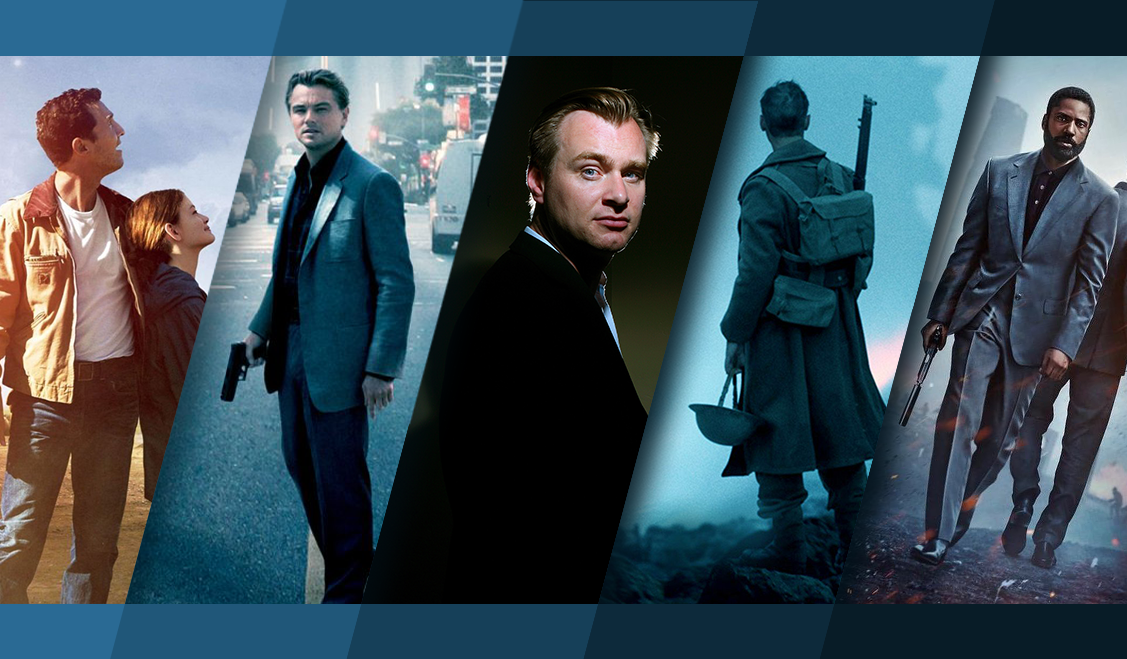 Beitragsbild für Topliste Die besten Christopher Nolan Filme mit Interstellar, Inception, einem Porträt von Christopher Nolan, Dunkirk und Tenet