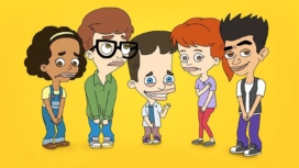 Die Charaktere von Big Mouth Staffel 1 stehen vor gelbem Hintergrund