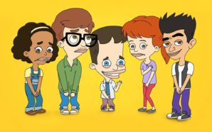 Die Charaktere von Big Mouth Staffel 1 stehen vor gelbem Hintergrund