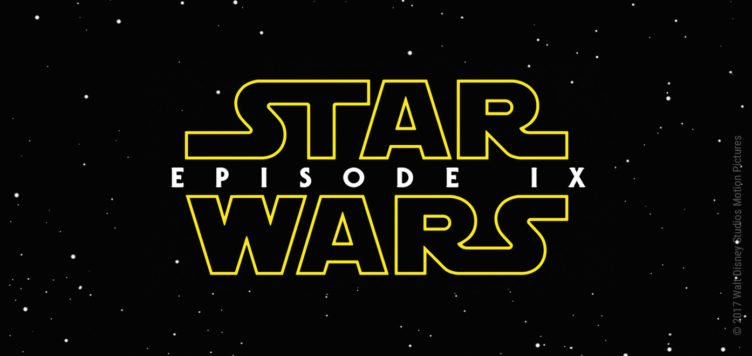 Das gelbe Star Wars Logo und der Schriftzug Episode IX vor einem schwarzen Hintergund mit Sternen-
