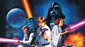 Der gelbe Schriftzug der Star Wars Saga schwebt im schwarzen All mit Sternen