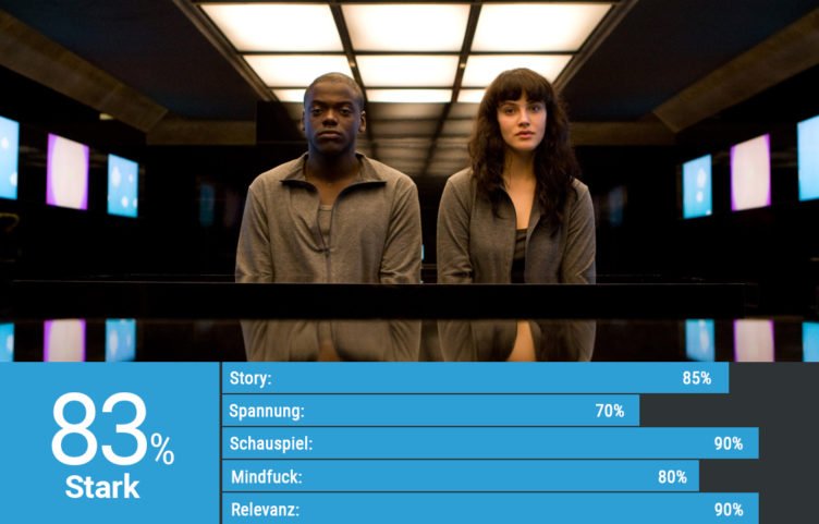 Daniel Kaluuya und Jessica Brown Findlay sitzen in einem dunklen Raum nebeneinander in Black Mirror Staffel 1 Episode Das Leben als Spiel