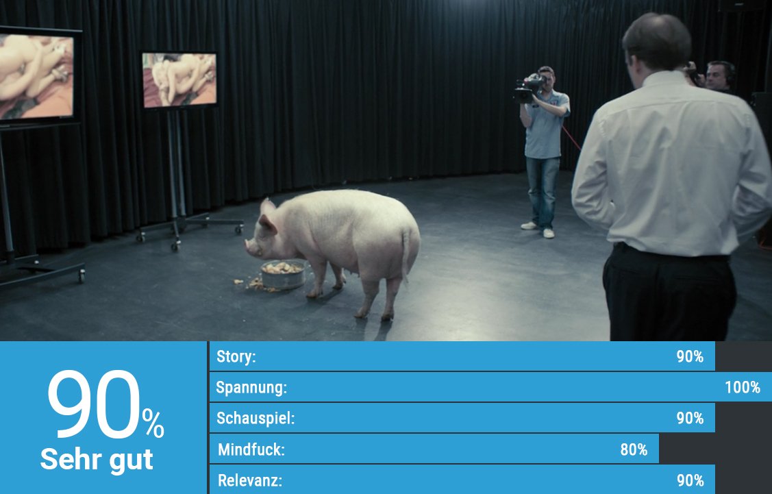 Rory Kinnear betrachtet als Premierminister Michael Callow in der Black Mirror Epsiode Der Wille des Volkes ein Schwein