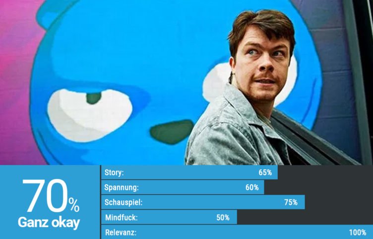 Daniel Rigby vor einem großen Bild von Waldo in Black Mirror Staffel 2 Waldo