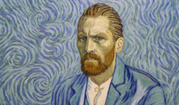 Vincent Van Gogh gemalt in Ölfarben vor einem blauen Hintergrund auf dem Plakat für Loving Vincent