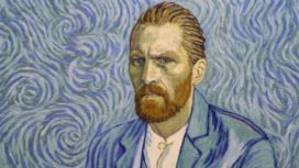 Vincent Van Gogh gemalt in Ölfarben vor einem blauen Hintergrund auf dem Plakat für Loving Vincent