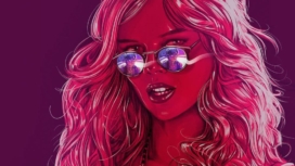 Samara Weaving als Bee trägt eine Sonnenbrille und in der Reflexion sieht man Judah Lewis als Cole auf einem Plakat für Kritik The Babysitter