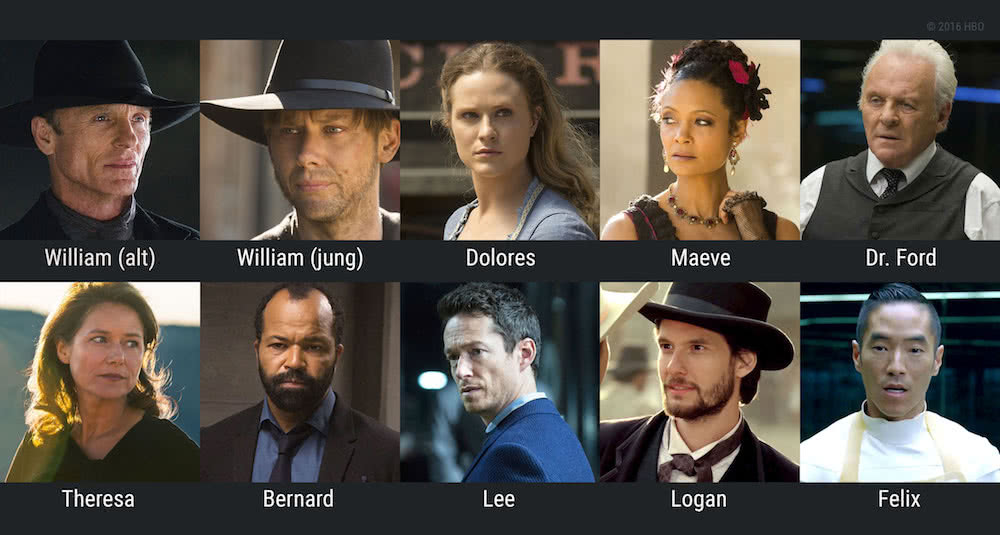 Collage der Hauptfiguren aus Westworld Staffel 1 mit William, Dolores, Maeve, Dr. Ford, Theresa, Bernard, Lee, Logan, Felix