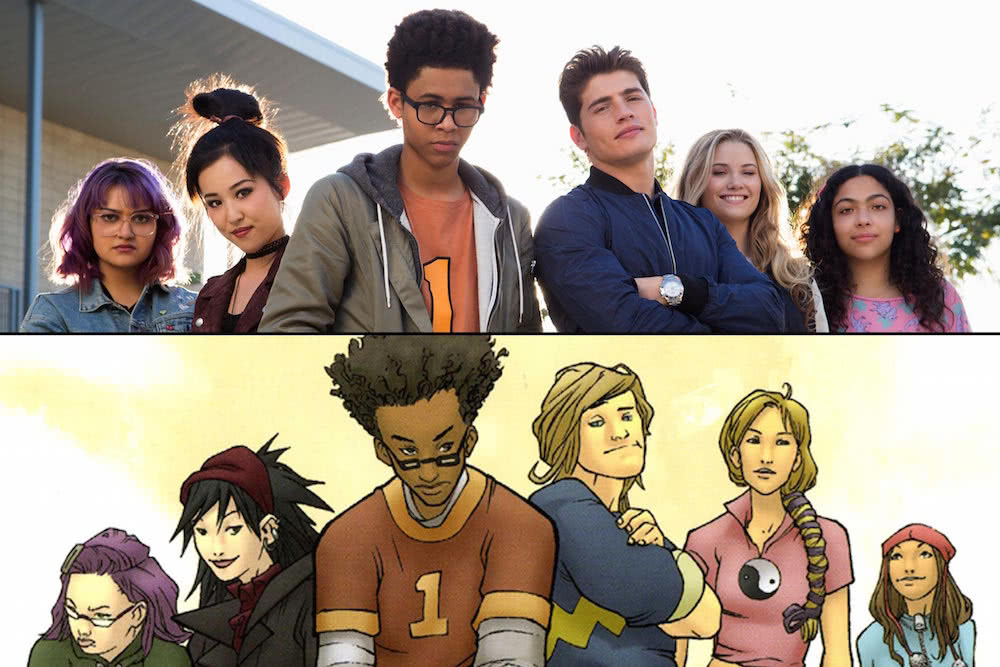 Gert (Ariela Barer), Nico (Lyrica Okano), Alex (Alex Wilder), Chase (Gregg Sulkin), Karolina (Virginia Gardner) und Molly (Allegra Acosta) in einem Szenenbild für Kritik Marvel's Runaways Staffel 1