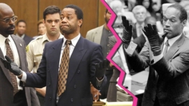 Titelbild für Kommentar Faszination True Crime mit Cuba Gooding Jr. als O.J. Simpson, in einem Gerichtssaal, Handschuhe tragend