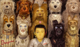 Collage mit Hunden und Atari die in die Kamera schauen auf einem Poster zu Isle of Dogs – Ataris Reise