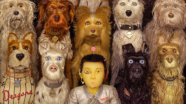 Collage mit Hunden und Atari die in die Kamera schauen auf einem Poster zu Isle of Dogs – Ataris Reise