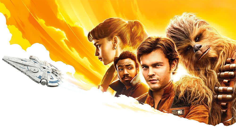 Titelbild für Kritik Solo A Star Wars Story mit Emilia Clarke, Donald Glover, Alden Ehrenreich und Chewbacca vor dem Millenium-Falken
