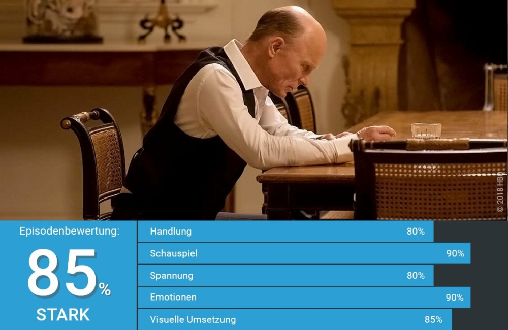 Der alte William aka Man in Black sitzt in der echten World mit gesenktem Kopf an einem eleganten Esstisch in Westworld Staffel 2 Episode 9