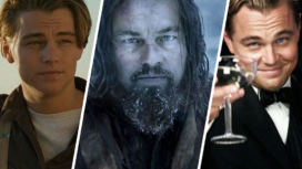 Collage von Szenenfotos aus Filmen mit Leonardo DiCaprio