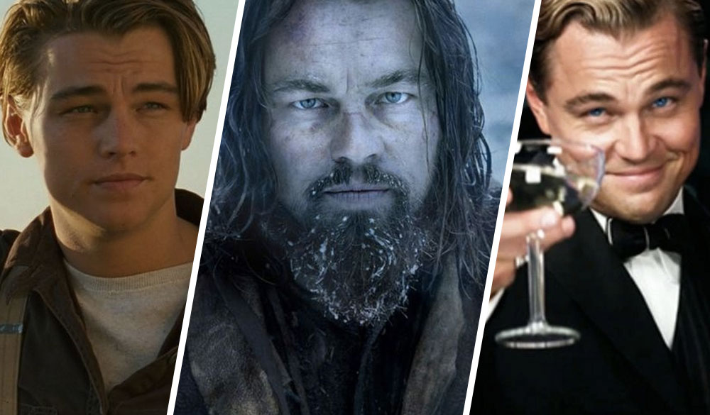Collage von Szenenfotos aus Filmen mit Leonardo DiCaprio
