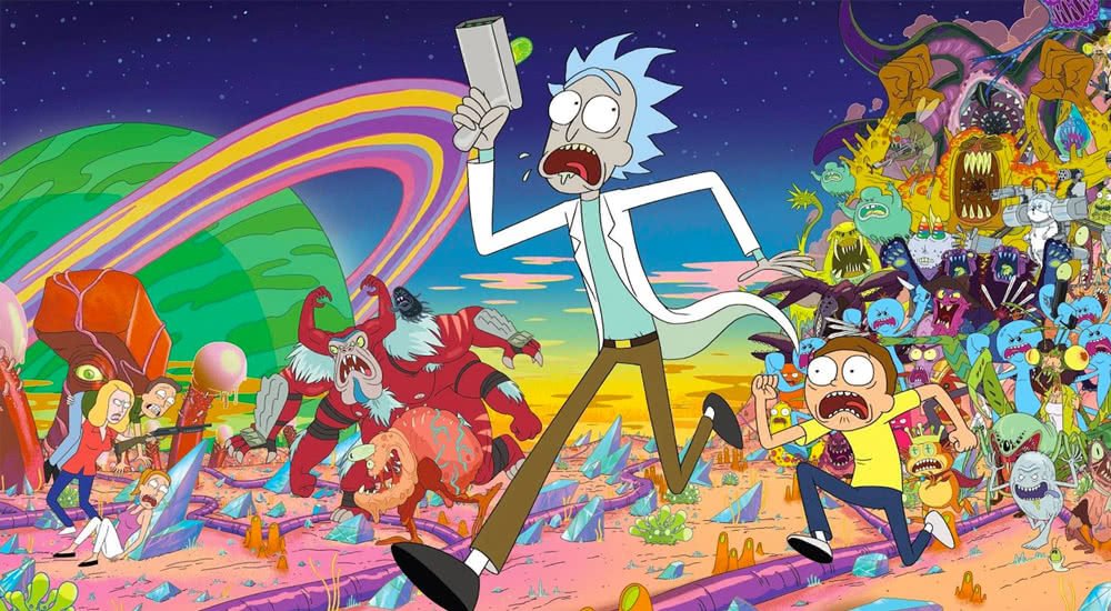 Rick und Morty rennen schreiend vor einer Horde bunter intergalaktischer Monster davon