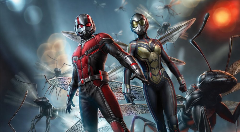 Illustration von Paul Rudd als Ant-Man und Evangeline Lilly als Wasp umgeben von geflügelten Ameisen auf einem Artwork zu Ant-Man and the Wasp