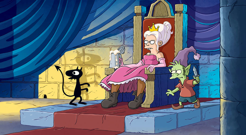 Bean sitzt mit einem Krug Bier auf dem Thron in Disenchantment – Staffel 1