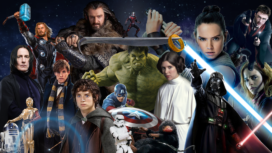 Collage von Figuren der Film Franchises Marvel Cinematic Universe, Star Wars, Harry Potter und Herr der Ringe
