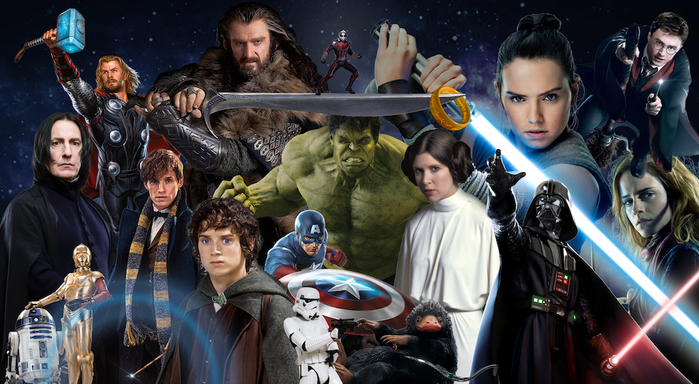 Collage von Figuren der Film Franchises Marvel Cinematic Universe, Star Wars, Harry Potter und Herr der Ringe