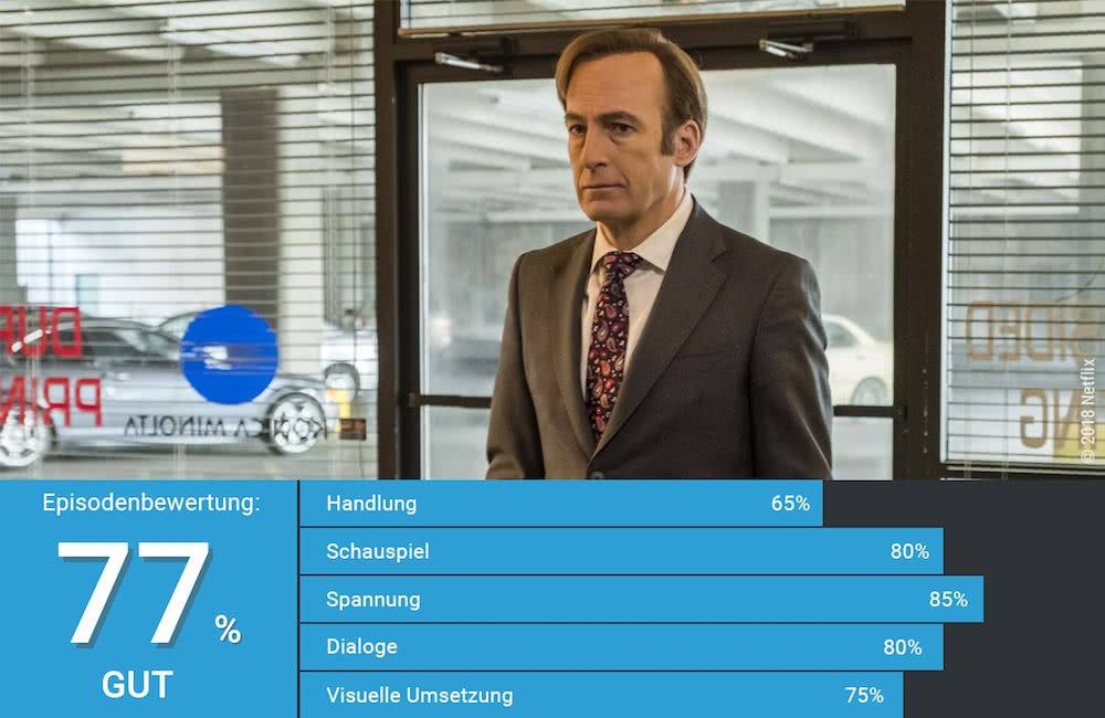 Jimmy McGill gespielt von Bob Odenkirk auf einem Weg zu einem Bewerbungsgespräch in Better Call Saul Staffel 4 Episode 2 Atmen