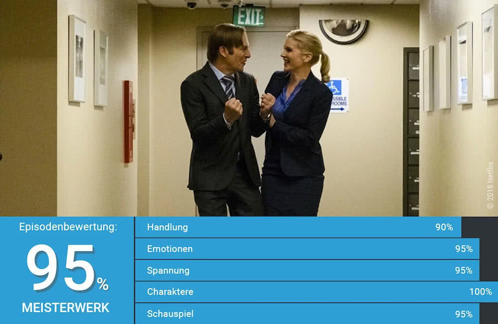 Bob Odenkirk als Jimmy McGill und Rhea Seahorn als Kim Wexler freuen sich zusammen in Better Call Saul Staffel 4 Episode 10