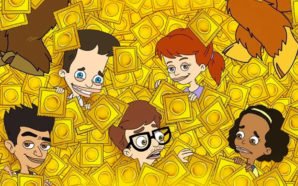 Eine Gruppe Teenager schwimmt in einem Bad gelb verpackter Kondome auf dem Plakat zu Big Mouth Staffel 2