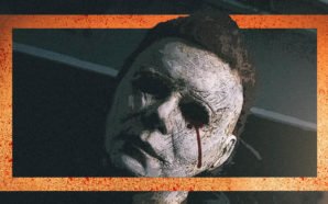 Stylisiertes Bild von Charakter Michael Myers umrahmt mit orangenen Balken auf Plakat zu Halloween 2018