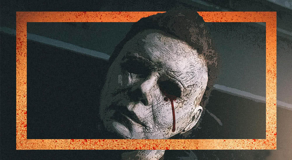 Stylisiertes Bild von Charakter Michael Myers umrahmt mit orangenen Balken auf Plakat zu Halloween 2018