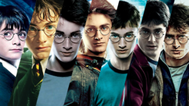 Collage der Plakate aller Harry Potter Filme mit Daniel Radcliffe als Harry Potter