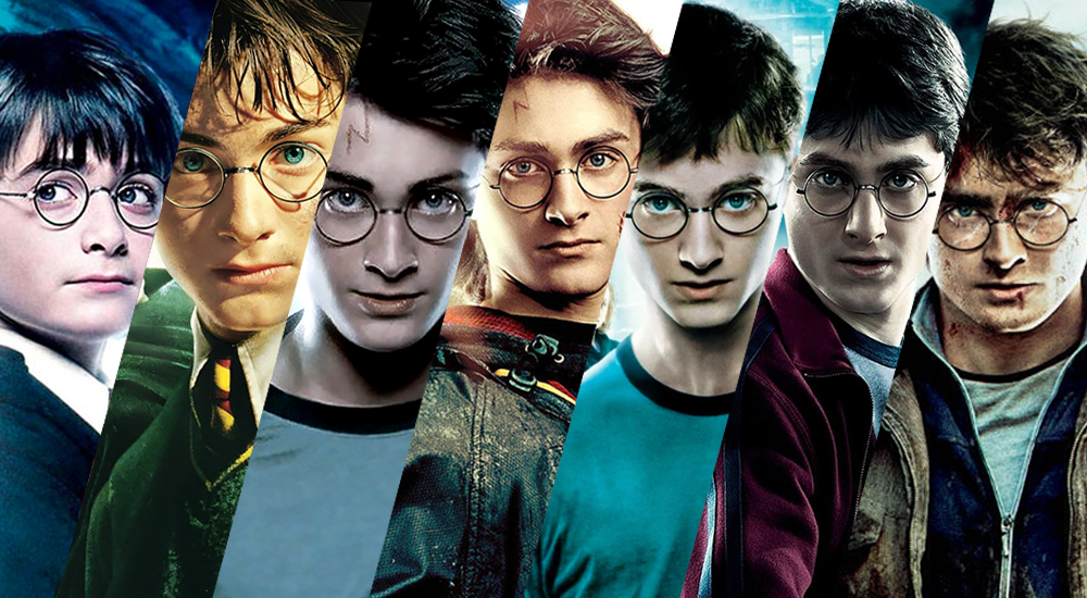 Collage der Plakate aller Harry Potter Filme mit Daniel Radcliffe als Harry Potter