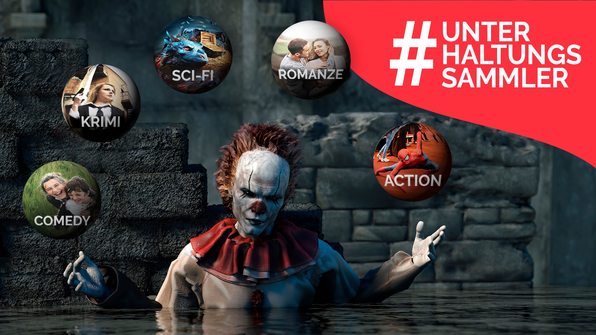 Clown aus Es jongliert mit verschiedenen Film-Genres und ein Hashtag #Unterhaltungssammler in einer Grafik für Beitrag zu Save.tv