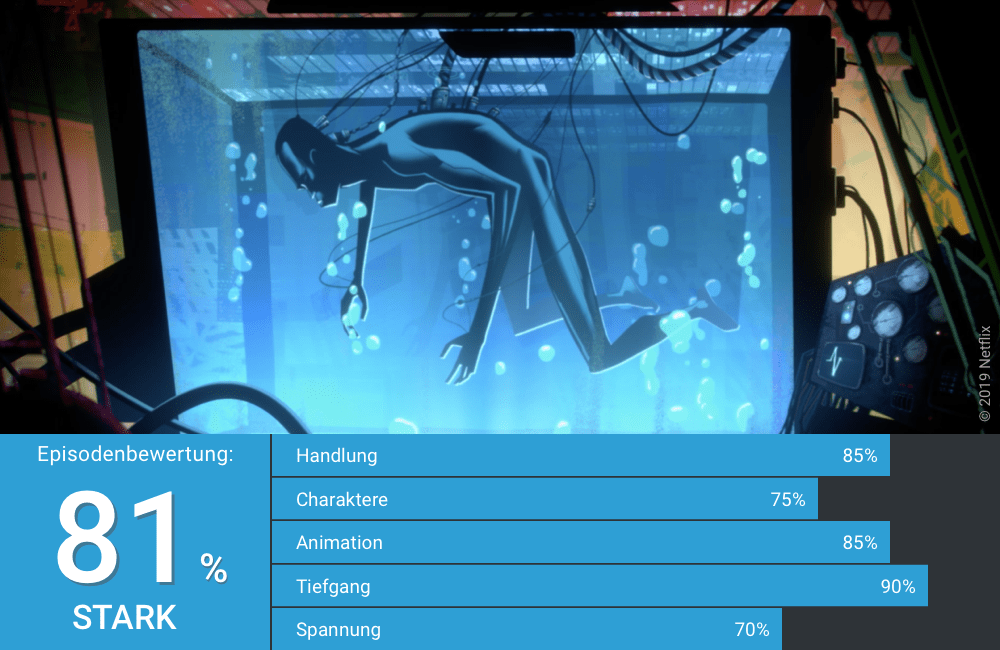 Ein Mann schwimmt in einem Glascontainer in Love Death Robots Staffel 1 Folge 14 Zima Blue
