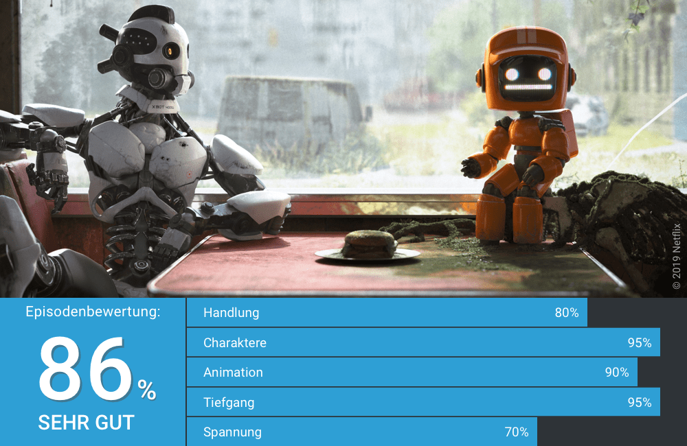 Drei Roboter sitzen in einem verlassenen Diner und unterhalten sich in Love Death Robots Staffel 1 Folge 2 Drei Roboter