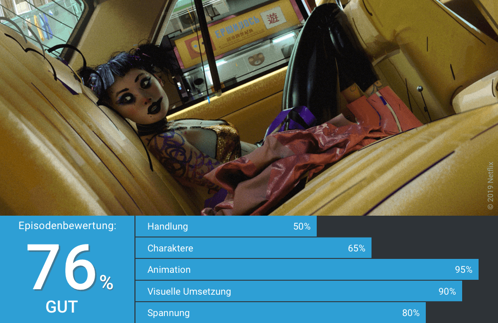 Die Protagonistin versteckt sich in einem Taxi vor ihrem Verfolger in Love Death Robots Staffel 1 Folge 3 Die Augenzeugin