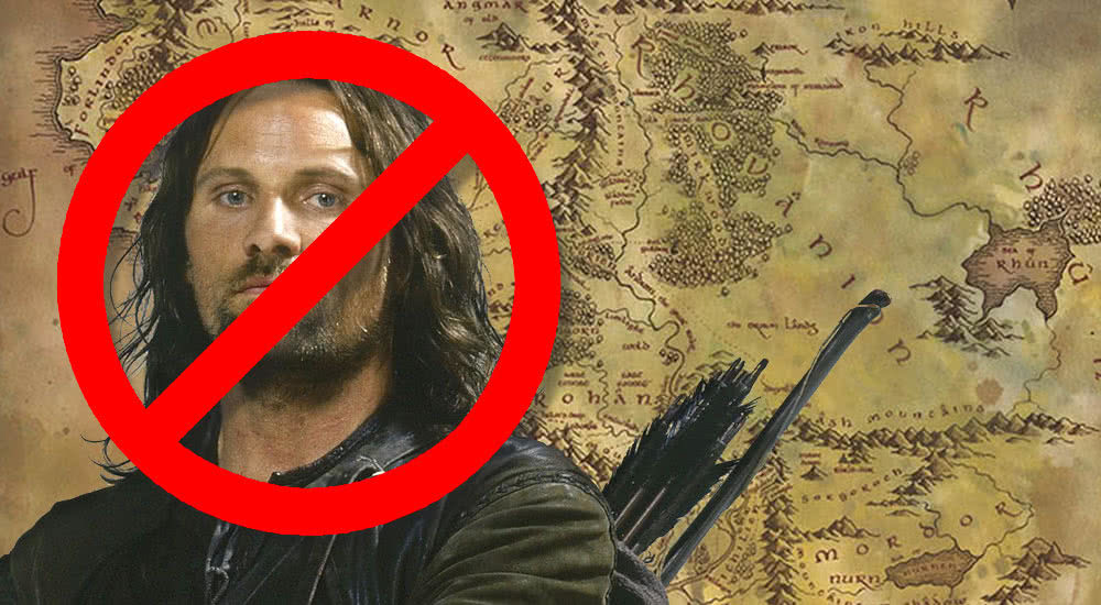 Ein durchgestrichener Aragorn vor der Karte von Mittelerde