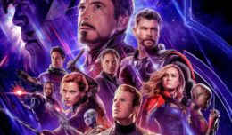 Poster für Kritik Avengers Endgame mit Iron Man, Captain America, Hulk, Thanos, Captain Marvel und Thor