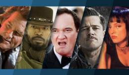 Titelbild für Topliste die besten Filme mit Quentin Tarantino mit Bildern aus Death Proof, Django Unchained, Inglorious Basterds und Pulp Fiction
