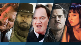 Titelbild für Topliste die besten Filme mit Quentin Tarantino mit Bildern aus Death Proof, Django Unchained, Inglorious Basterds und Pulp Fiction