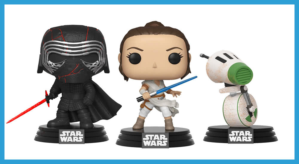 Star Wars Merchandise Funko Pops Kylo Ren und Rey und D-0