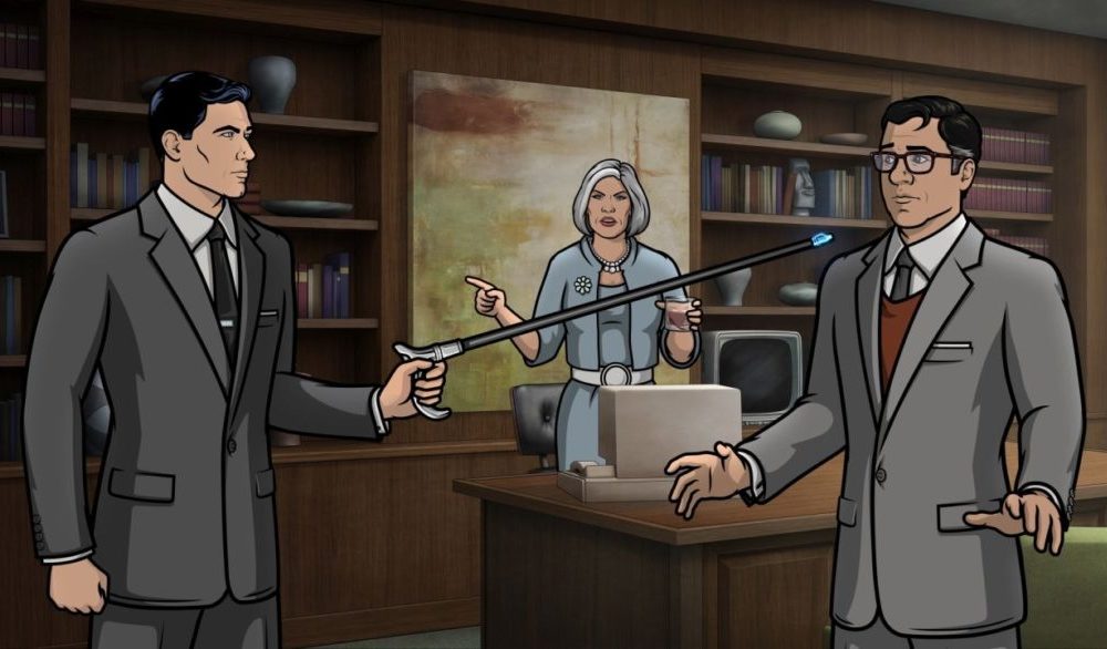 Archer (H. Jon Benjamin) bedrocht Cyril (Chris Parnell) mit seinem Gehstock