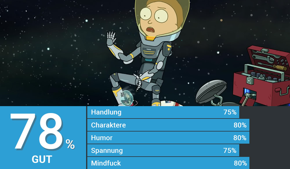 Morty wird im Weltraum von einer Schlange im Astronautenanzug gebissen