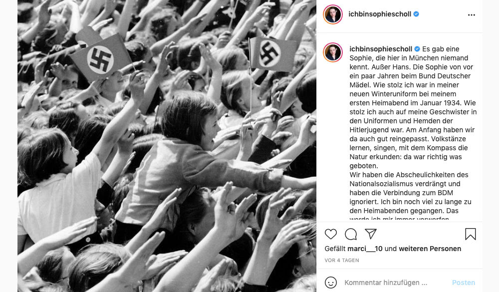 Sophie Scholl reflektiert ihre Vergangenheit in einem Bild aus @ichbinsophiescholl im Rahmen einer Analyse von 4001Reviews.